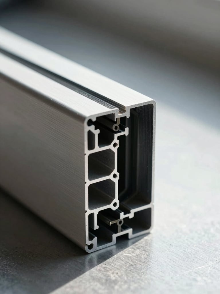Macro close-up of aluminium window profile cross-section lying on a flat steel surface, studio side-lighting from the left casting a sharp shadow that reveals the multi-chamber geometry and gasket channel detail, north-facing daylight supplement from the right, no atmospheric haze, absolute material clarity
