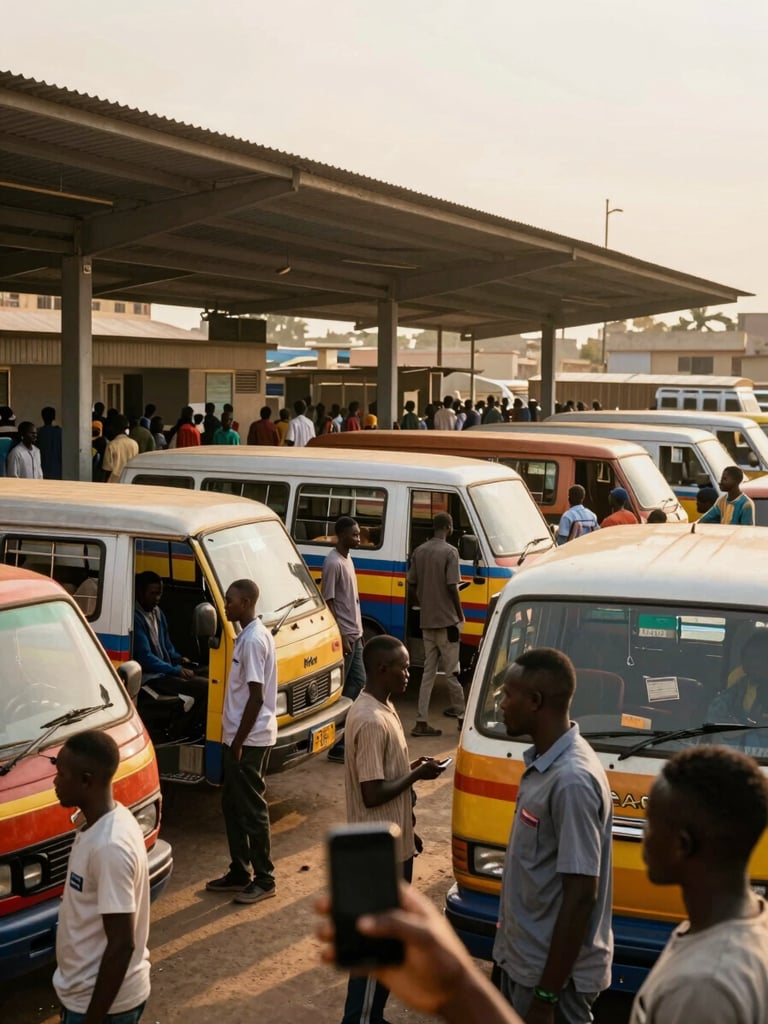 Wide environmental shot of a busy urban minibus terminal in West Africa, late-afternoon natural light, commuters standing near colourful trotro vans with open doors, a hand holding a smartphone visible in the foreground, motion and energy in the crowd, warm golden-hour glow across the scene