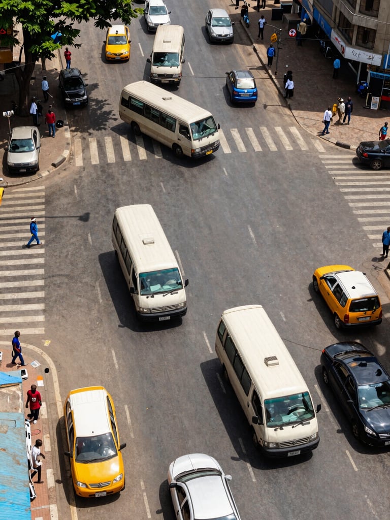 Bird's-eye view of a busy urban road intersection in an African city, midday natural light, minibuses and shared taxis weaving through traffic, pedestrians crossing at the edges, overhead perspective showing the flow of movement across tarmac and informal transit lanes