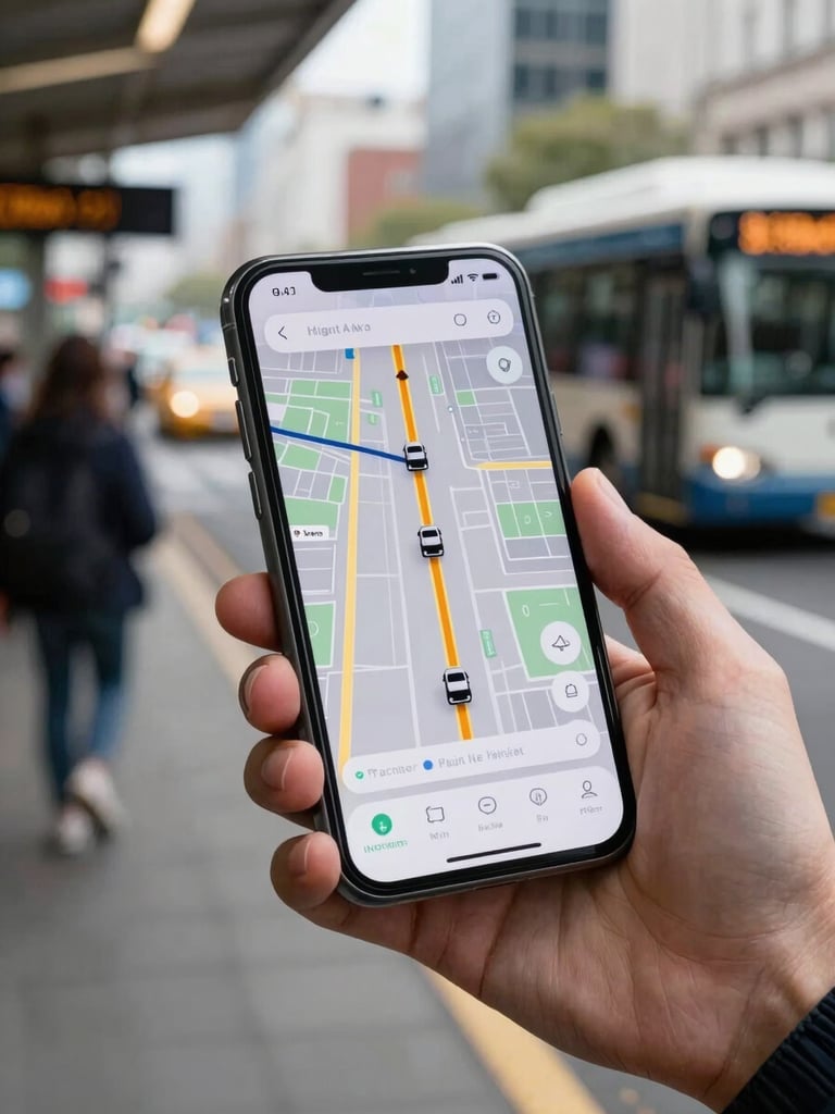Close-up of a hand holding a smartphone at a busy urban transport hub, the phone screen glowing with a live route-map interface showing vehicle icons moving along a city road, natural midday light, blurred minibuses and taxis visible in the background street scene