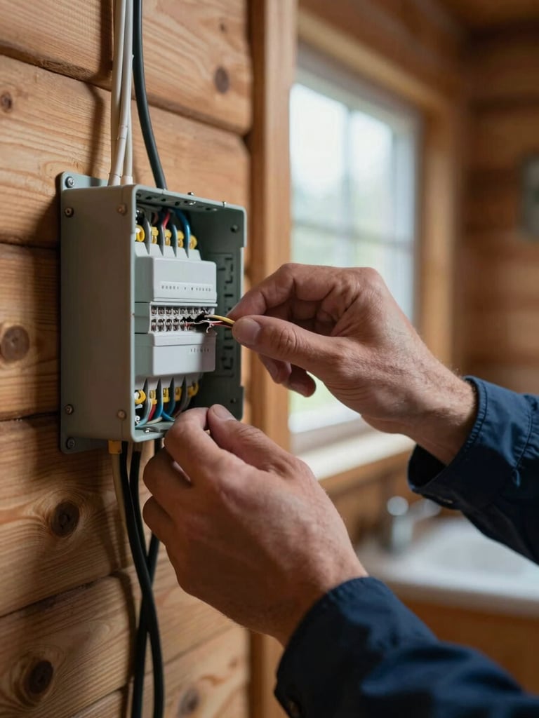 Close-up of an inspector's hands testing an electrical junction box inside a holiday cottage, fingers tracing deteriorated wiring against a timber wall, cool north-facing daylight from a small window, shallow depth of field with the background interior slightly out of focus