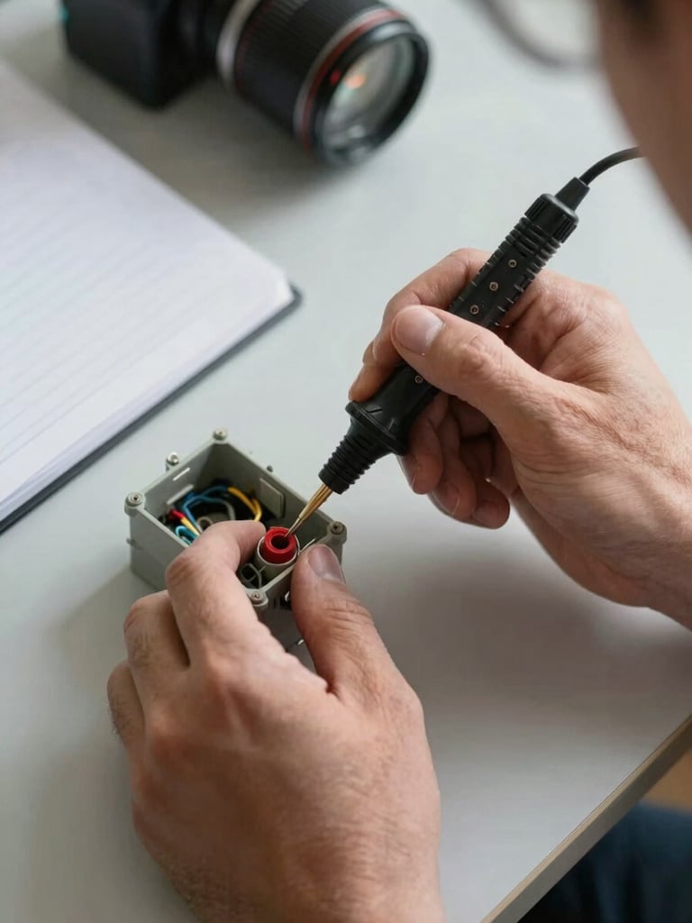 Close-up overhead shot of an inspector's hands holding a electrical testing probe against a junction box, natural north-facing daylight illuminating the wiring detail, a worn notepad resting on the surface beside the equipment