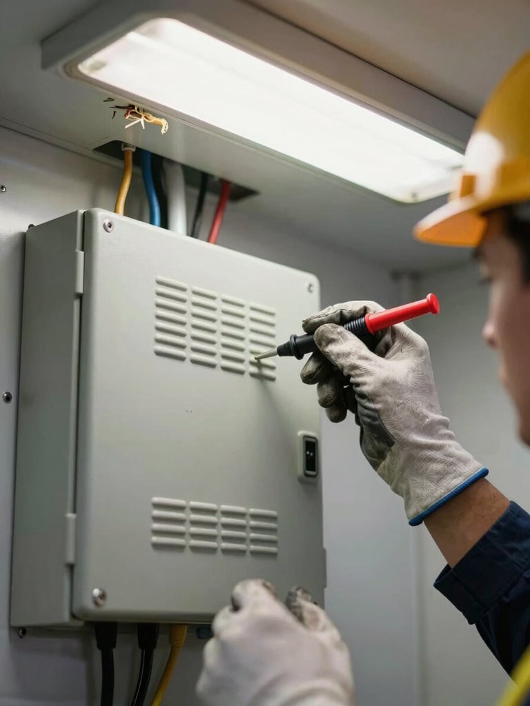 Close-up overhead shot of a food trailer electrical consumer unit, inspector's gloved hand tracing wiring with a test probe, harsh natural daylight from a rooflight above, deteriorated cable insulation visible at the top edge of the frame