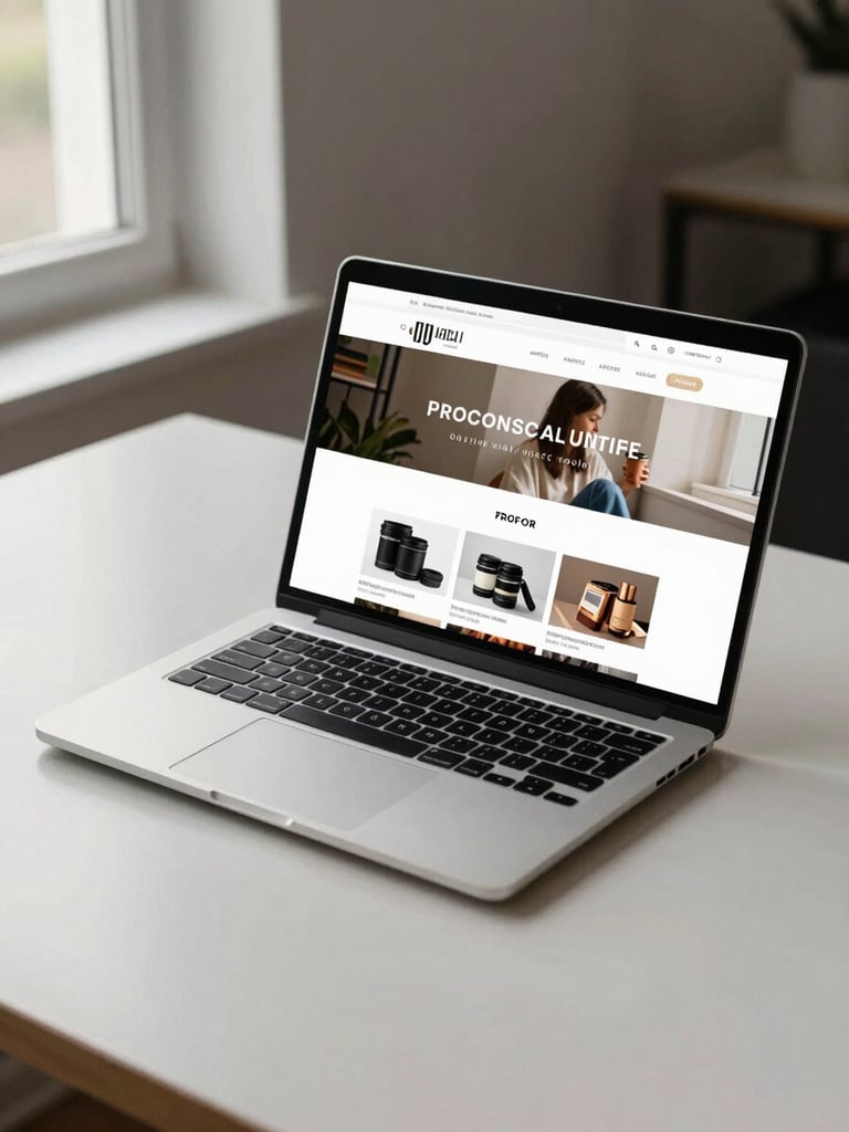 Wide-angle flat-lay of a laptop on a clean light desk showing a polished local retail shop website on screen, natural window light from the left, product thumbnails visible on the site, no people