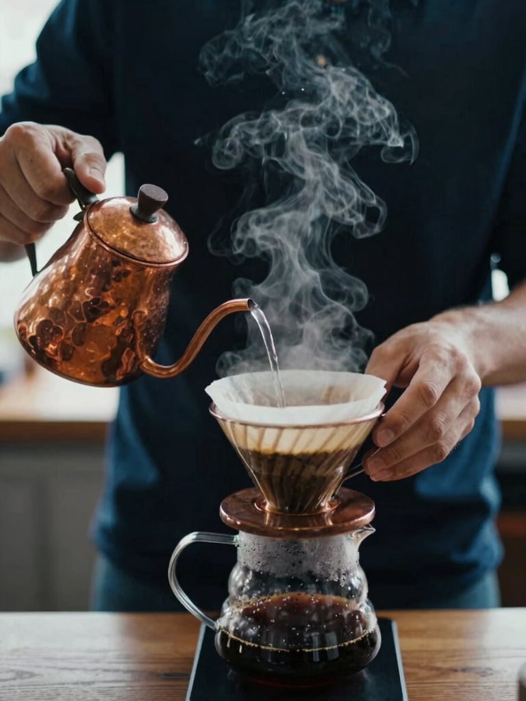 Hands of a barista carefully pouring hot water from a copper kettle over a coffee dripper, steam rising, warm wooden textures, moody low-key lighting, 35mm lens