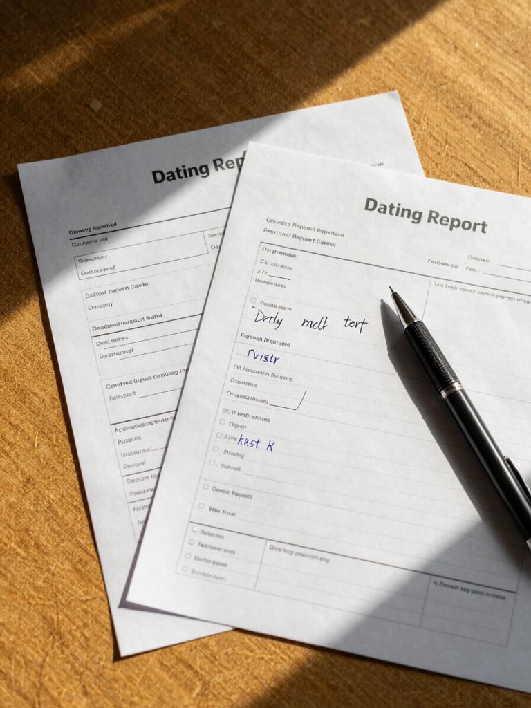Close-up overhead shot of Dating Report Card assessment pages spread on a warm ochre linen surface, a pen resting beside handwritten notes, natural window light casting soft shadows across the materials