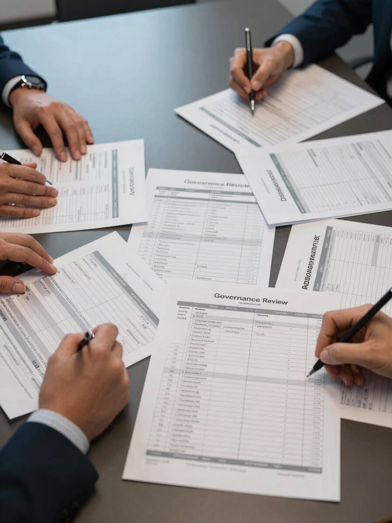 Wide overhead shot of a governance review session — structured data tables and compliance audit documents spread across a dark conference table, two sets of hands annotating printed asset registries under cool north-facing office light, no faces visible, emphasis on the organized complexity of regulatory due diligence