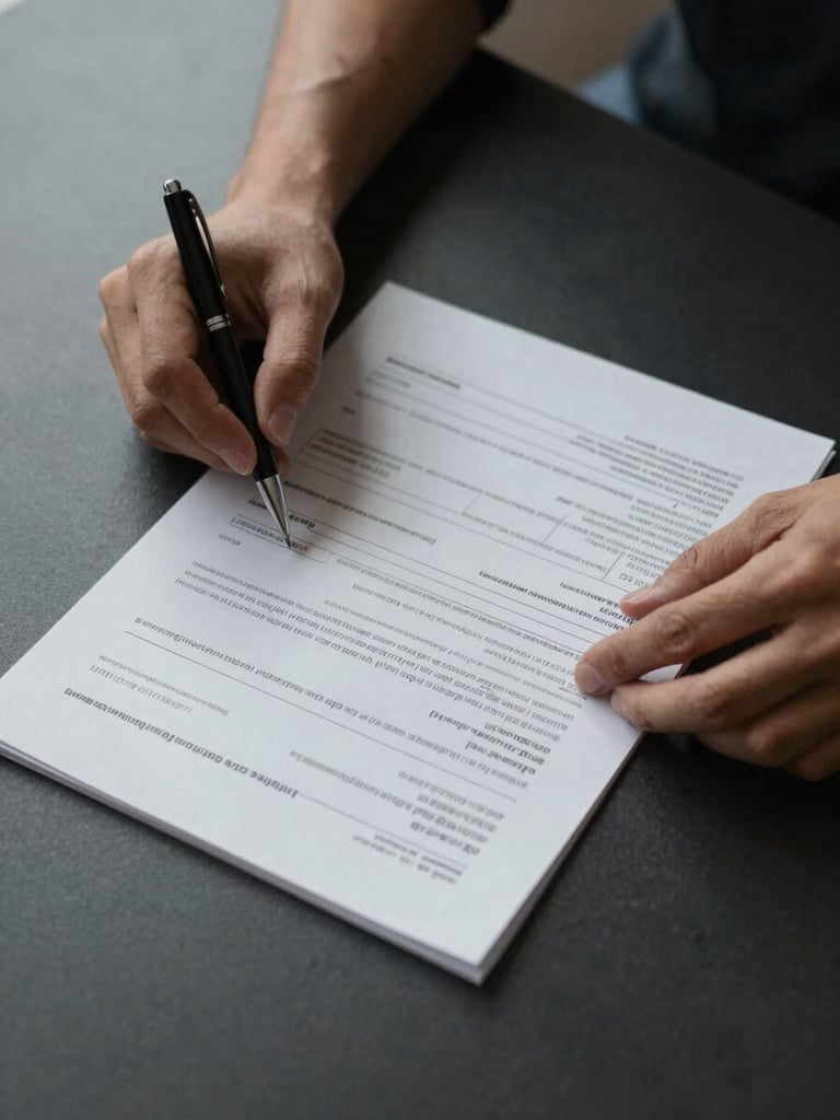 Overhead tight shot of hands reviewing a multi-page compliance audit document on a dark desk, a pen resting on a structured data table, soft neutral studio light from the upper left, no people visible above the wrist, muted monochrome tones with deep shadow in the lower corners