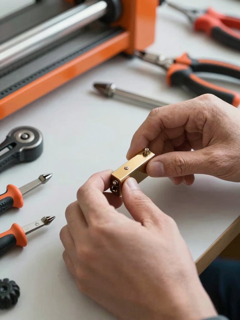 Gros plan sur des mains de technicien installant un cylindre de serrure en laiton brillant, outils de précision posés à côté, éclairage naturel et net.