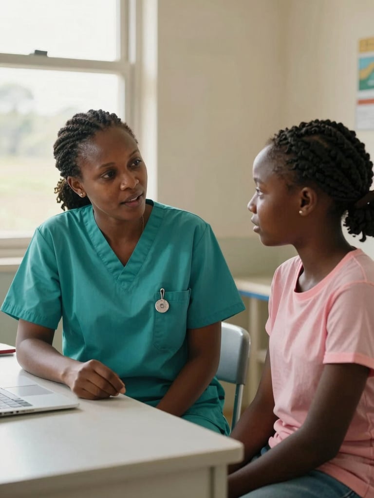Close medium shot — a female clinician in teal scrubs sits at a low desk speaking with a teenage girl, both leaning slightly forward in quiet conversation, natural window light from the left, warm and attentive atmosphere, paediatric ward in Gulu Uganda