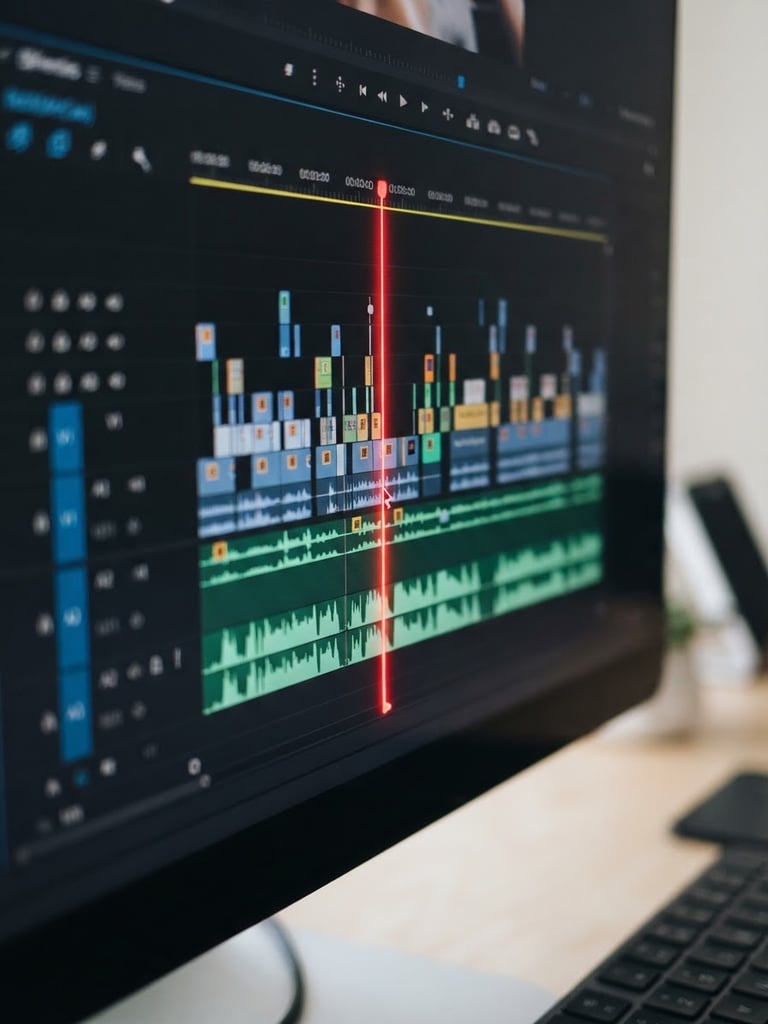 Macro close-up of a video editing timeline on a high-end monitor, glowing red playhead marker, dark editing interface background, sharp daylight shadows, 35mm crisp photography.