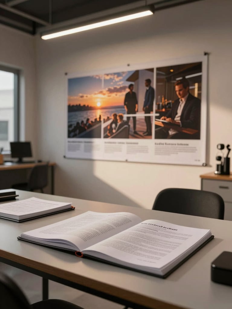 Wide shot from the left side of a Buenos Aires agency studio at dusk, a large wall-mounted campaign printout visible in the background, a desk with open notebooks and printed briefs in the foreground, warm overhead lighting casting long shadows across the workspace