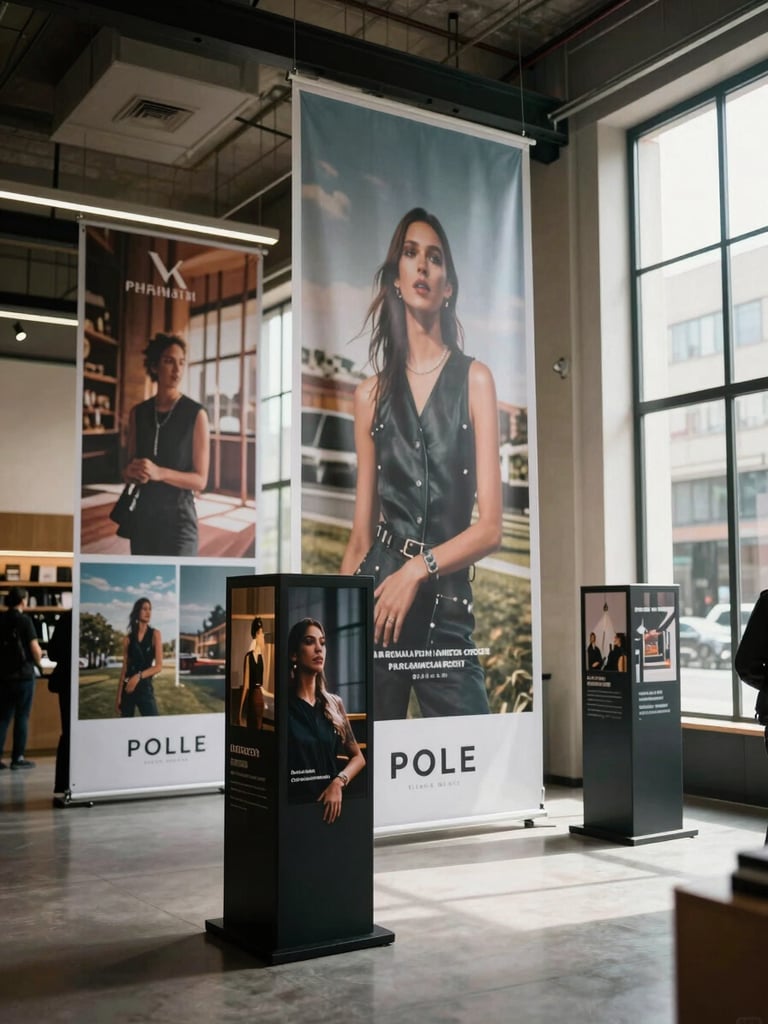 Wide environmental shot of a finished brand campaign — large printed banners and point-of-sale displays installed inside a Buenos Aires retail space, natural window light from the right, campaign artwork clearly visible, no people, documentary framing