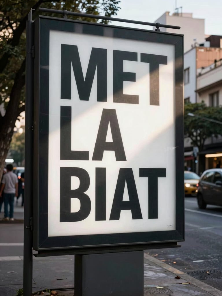 Wide-angle view from the left third, a large-format outdoor billboard on a Buenos Aires street corner displaying a bold typographic campaign, natural morning light raking across the printed surface, deep urban context visible on the right