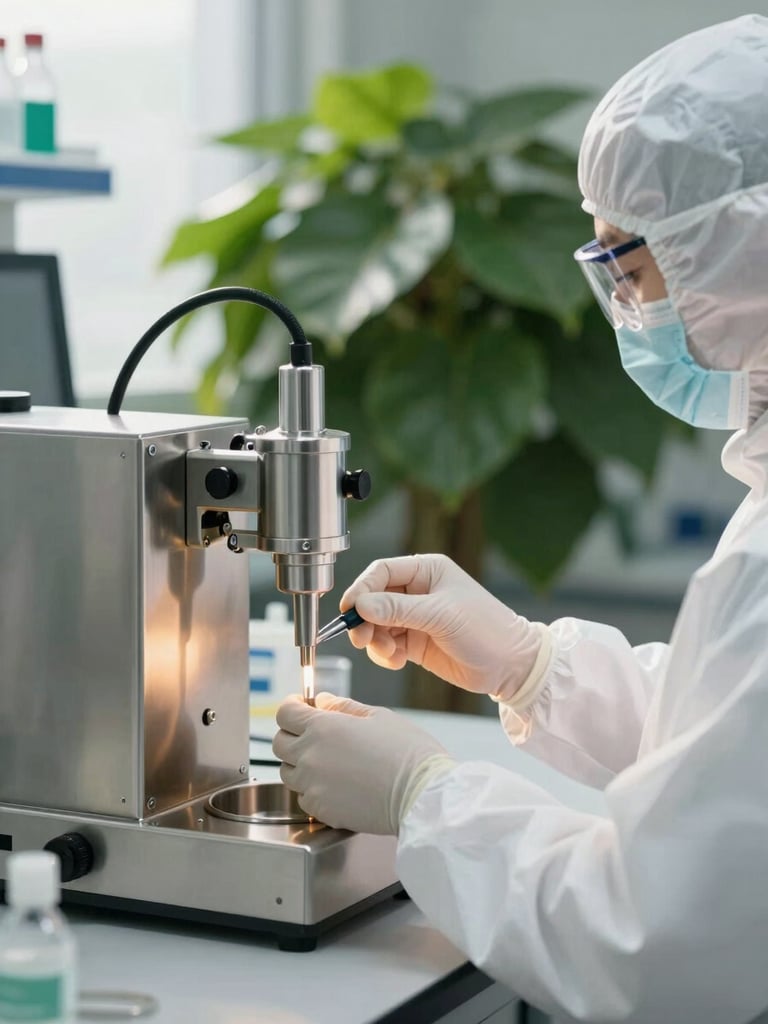 A technician in sterile white protective wear operating a modern stainless steel extraction vessel, clean clinical laboratory environment, soft backlighting