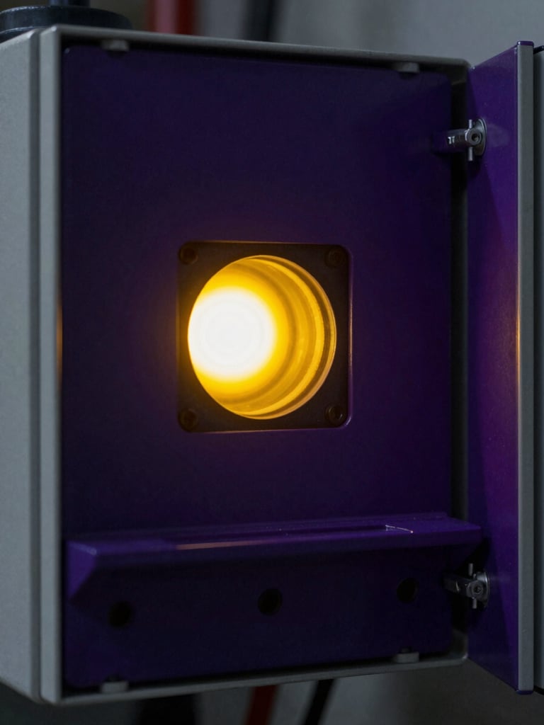 High-contrast radiometric thermal scan of industrial electrical switchgear showing a critical localized hot spot in bright yellow and white against deep purple and black background.