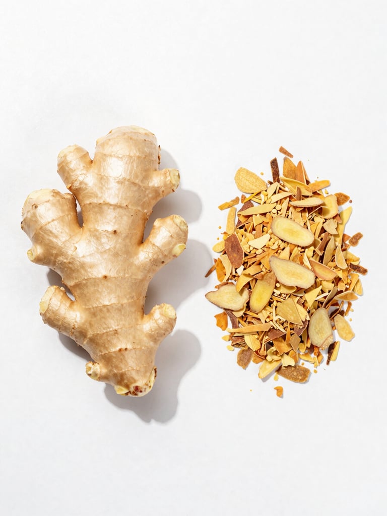 Clean, organized overhead shot of raw fresh ginger roots side-by-side with dehydrated ginger flakes, bright high-key product photography, soft natural daylight, clean minimalist background