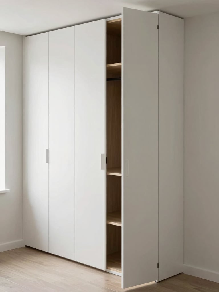 Modern white built-in wardrobe with folding doors and wooden interior shelving in a minimalist bedroom.