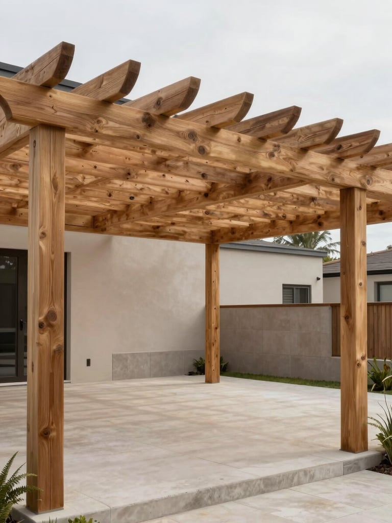 Wide environmental photograph of a modern outdoor wooden pergola structure over a residential terrace, clean-sawn timber beams in natural finish, soft overcast midday light filtering through the lattice, empty terrace below showing spatial scale, neutral concrete and stone surround