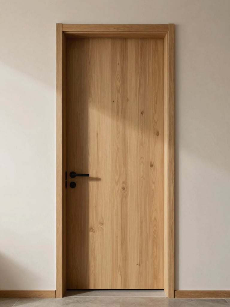 Wide shot of a modern interior wooden door set into a plastered wall, flat-panel door in natural oak veneer, clean shadow gap reveal at frame, north-facing light casting gentle shadow on door surface, empty hallway in background showing spatial proportion