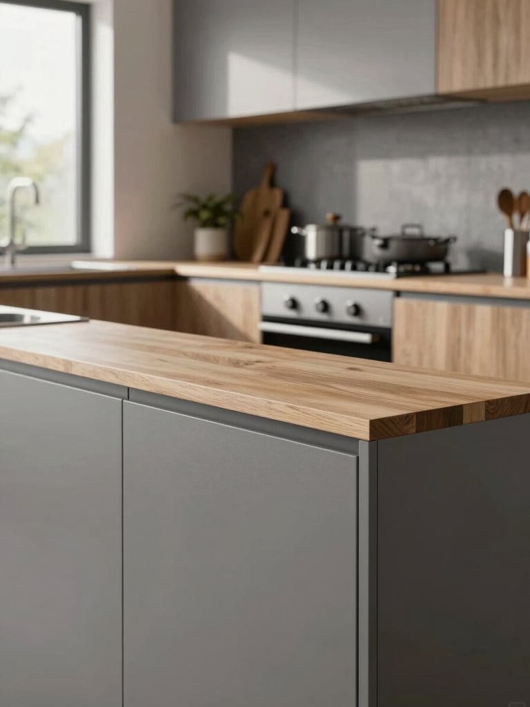 Close environmental shot of a modern fitted kitchen, handleless flat-front cabinets in matte grey and natural wood grain lower units, soft north daylight from a window, cookware on counter, joinery edge detail sharp in foreground