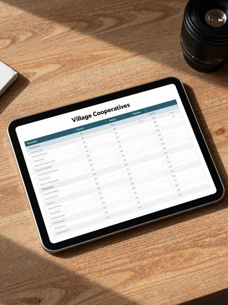A clean flat-lay of a modern tablet displaying a structured financial spreadsheet for village cooperatives, natural daylight casting soft shadows on a wooden desk
