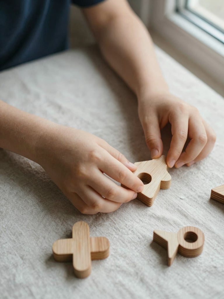 Close-up of a child's hands arranging small wooden shapes on a light linen surface, soft north-facing window light, calm and unhurried, photographed from slightly above