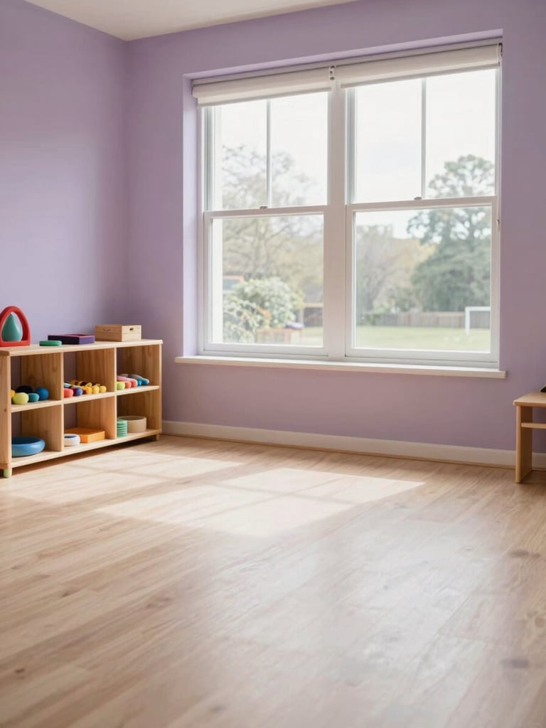 Soft natural light from a north-facing window falling across a calm children's therapy room interior, small wooden shelves with tactile materials in the left third, generous empty floor space, pale lilac and cream tones, no people