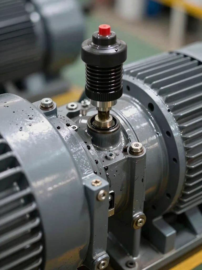 Extreme close-up of a vibration sensor bolted to the housing of an industrial electric motor in operation, industrial overhead fixtures casting hard shadows, grease and machining marks visible on the metal surface, practical factory lighting, no people