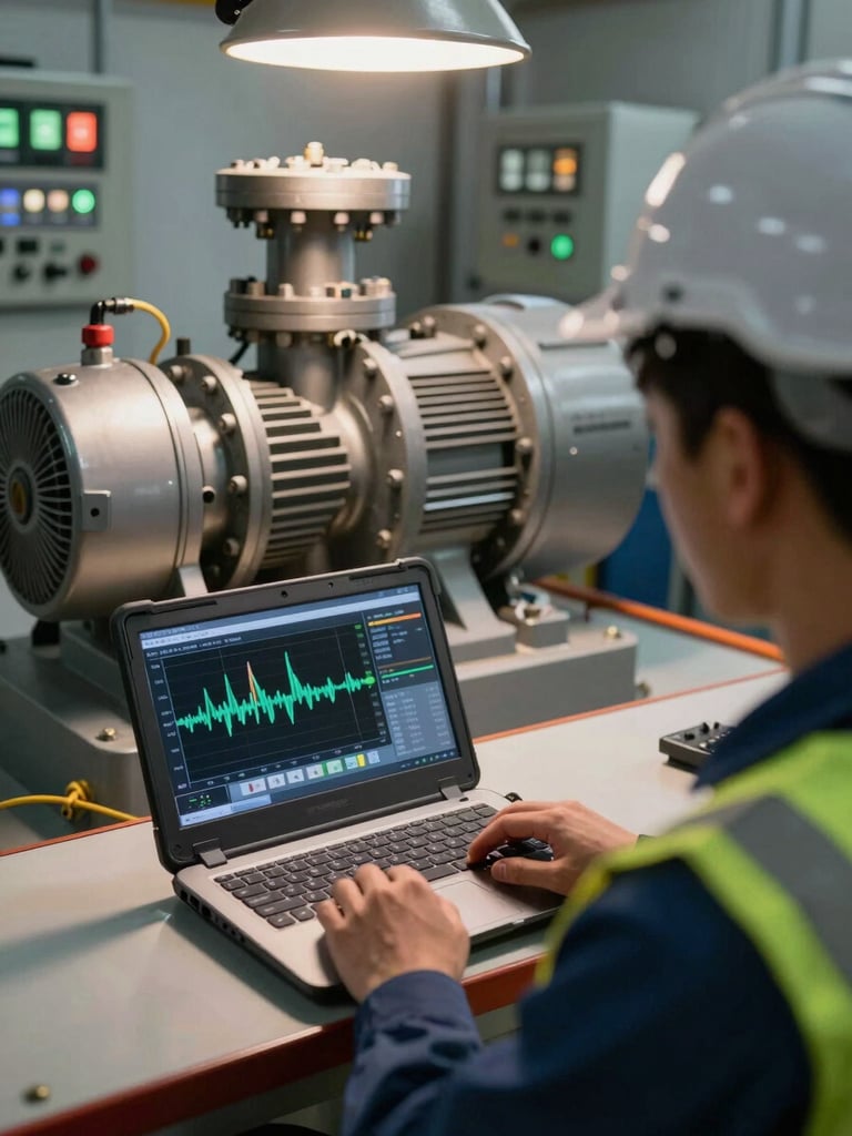Over-the-shoulder view of a field engineer reading vibration data on a ruggedized laptop screen next to a running industrial pump set, control room indicators visible in background, practical overhead fixture lighting casting sharp shadows on equipment surfaces