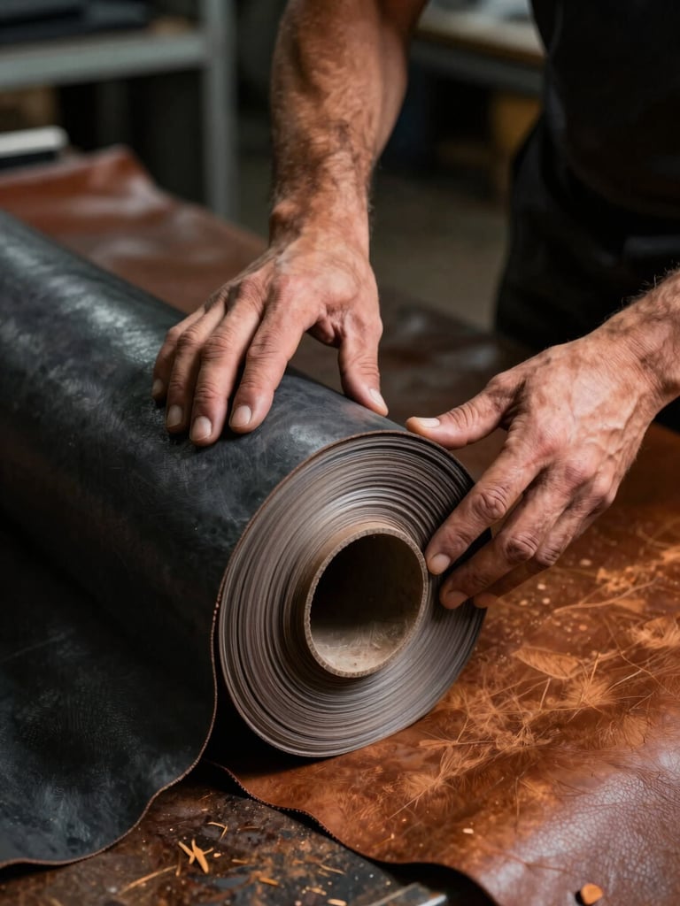 Close-up portrait shot of a skilled worker's hands inspecting a roll of raw, high-grade leather in an industrial factory, high-contrast side lighting, deep charcoal and warm leather tones, sharp detail, 35mm.