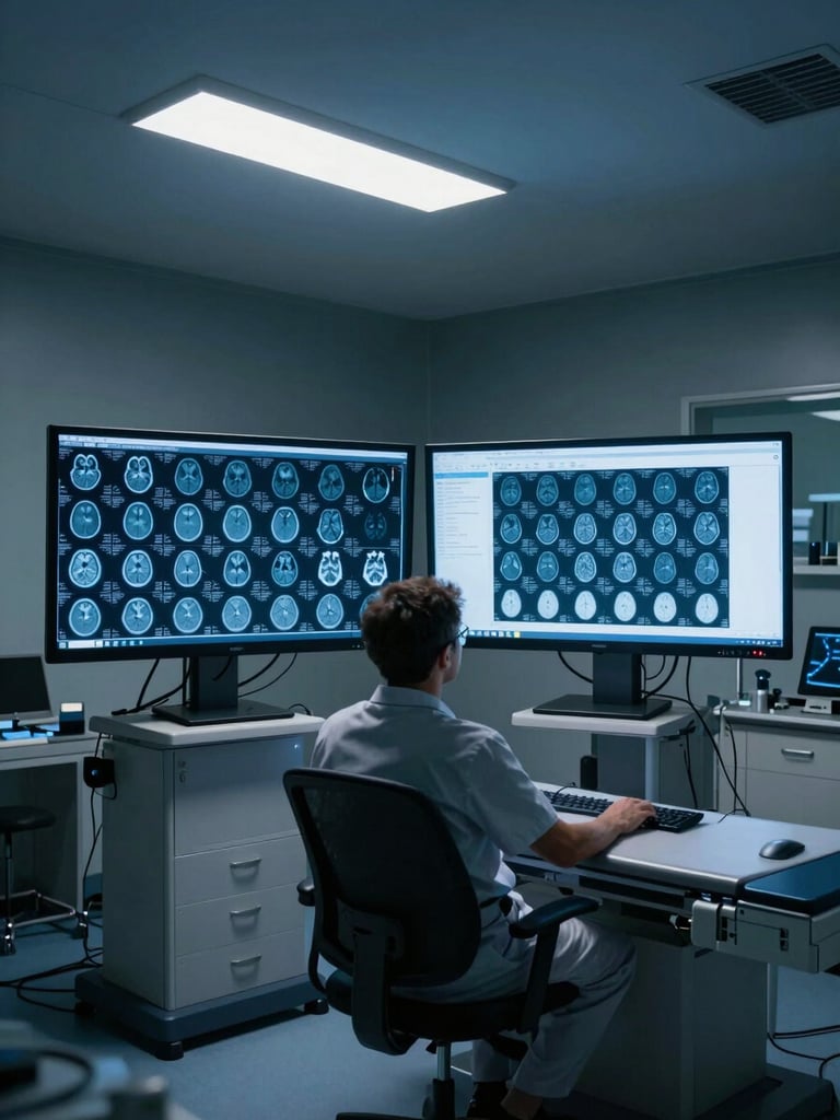 Wide shot of a radiology reading suite, two large DICOM monitors glowing in a darkened room, a radiologist seated and concentrating on MRI brain slices, cool blue-white fluorescent ambient light, clinical environment, no eye contact with camera