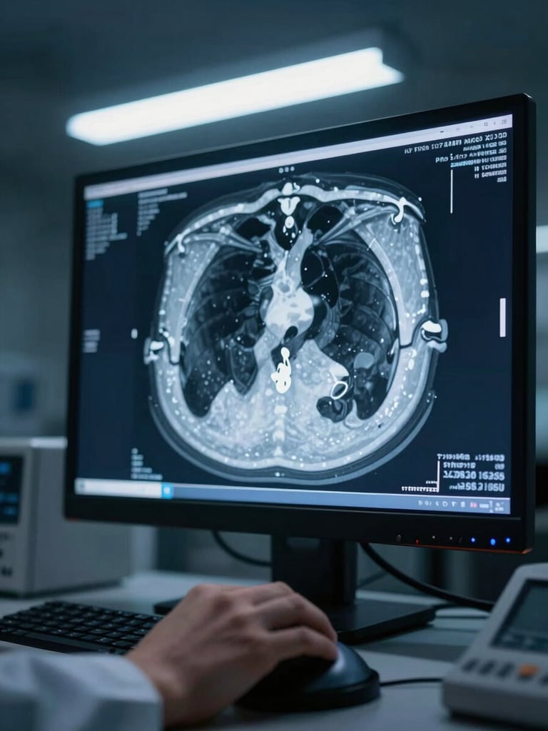 Extreme close-up of a DICOM workstation monitor displaying a high-contrast chest CT scan, cool blue-tinted fluorescent overhead light, radiologist's hand resting on a trackball in the lower foreground, clinical reading room, dark background