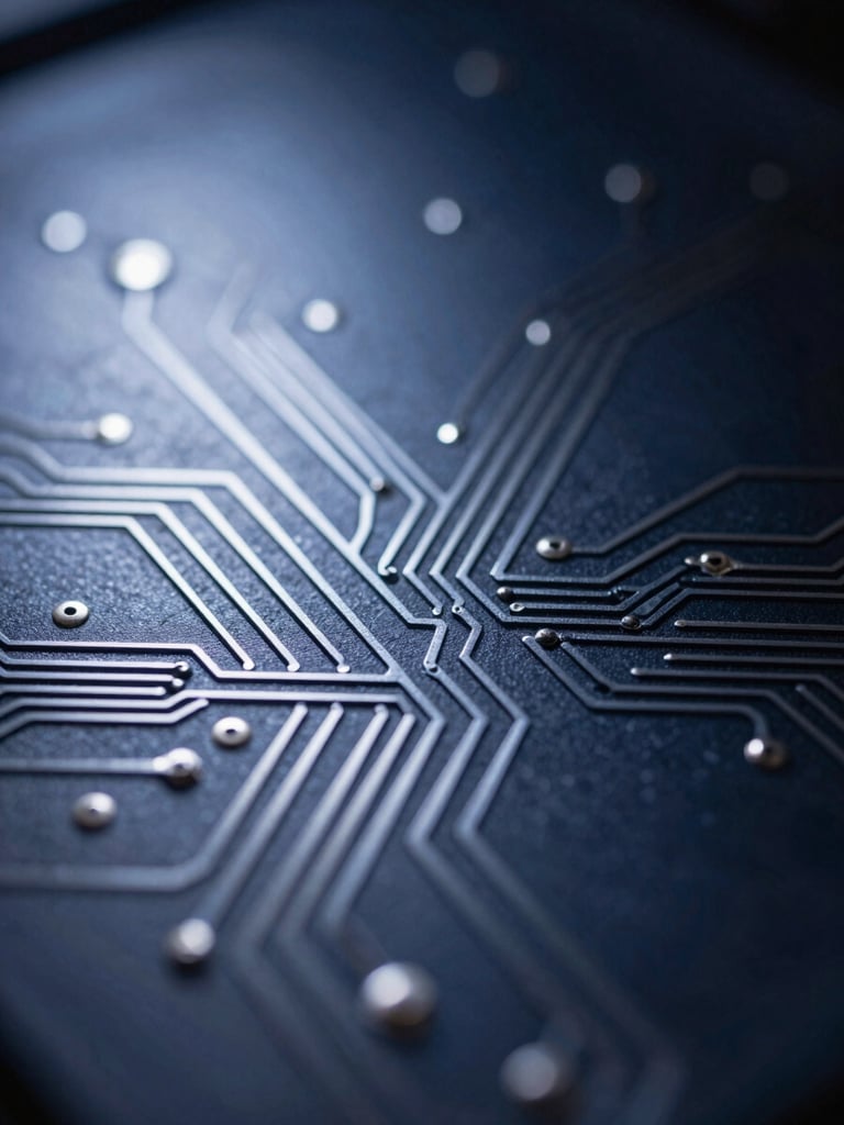 Macro shot of clean circuit traces on a dark substrate, illuminated by a single cool silver directional light, deep indigo shadows