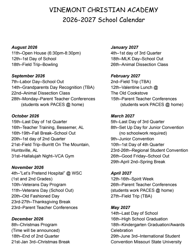 2026-2027 VCA School Year Calendar