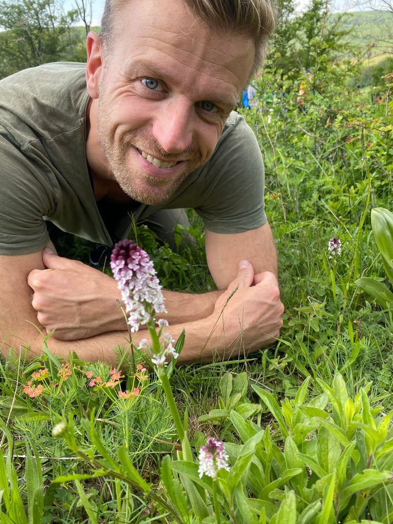 Sebastian Brandt liegt auf einer Wiese und hat vor sich ein Brandt Knabenkraut.