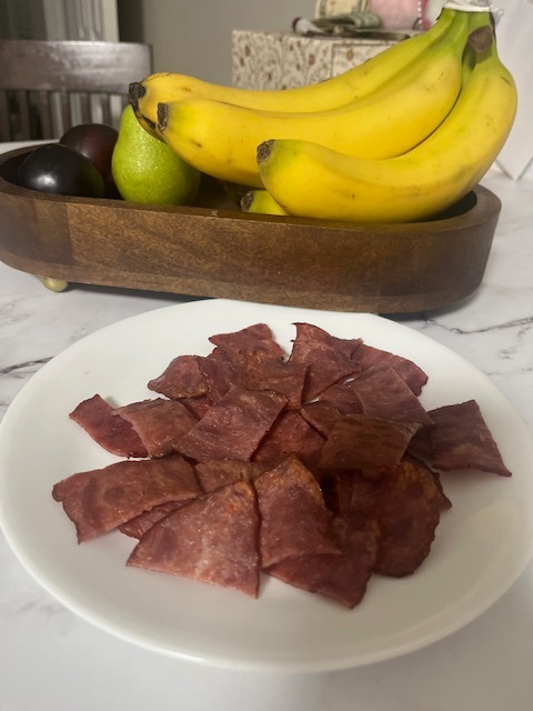 Homemade 1-ingredient turkey bacon jerky treats for a clean dog diet