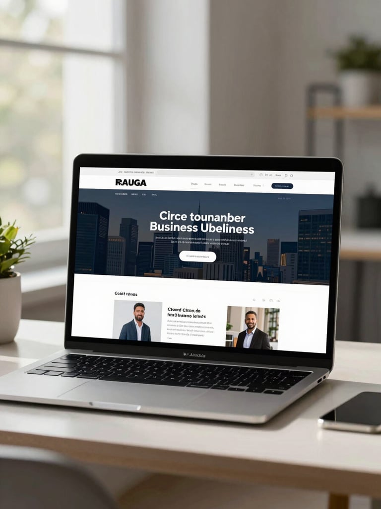 A crisp, straight-on device mockup of a modern business website displayed on a clean desktop setup, bright natural morning light, highly detailed.