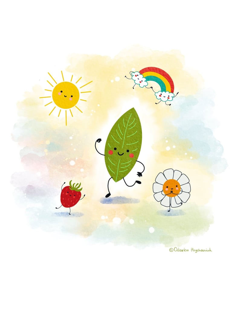 Cute cartoon leaf, strawberry, daisy, and sun dancing under a rainbow in a whimsical watercolor sky.