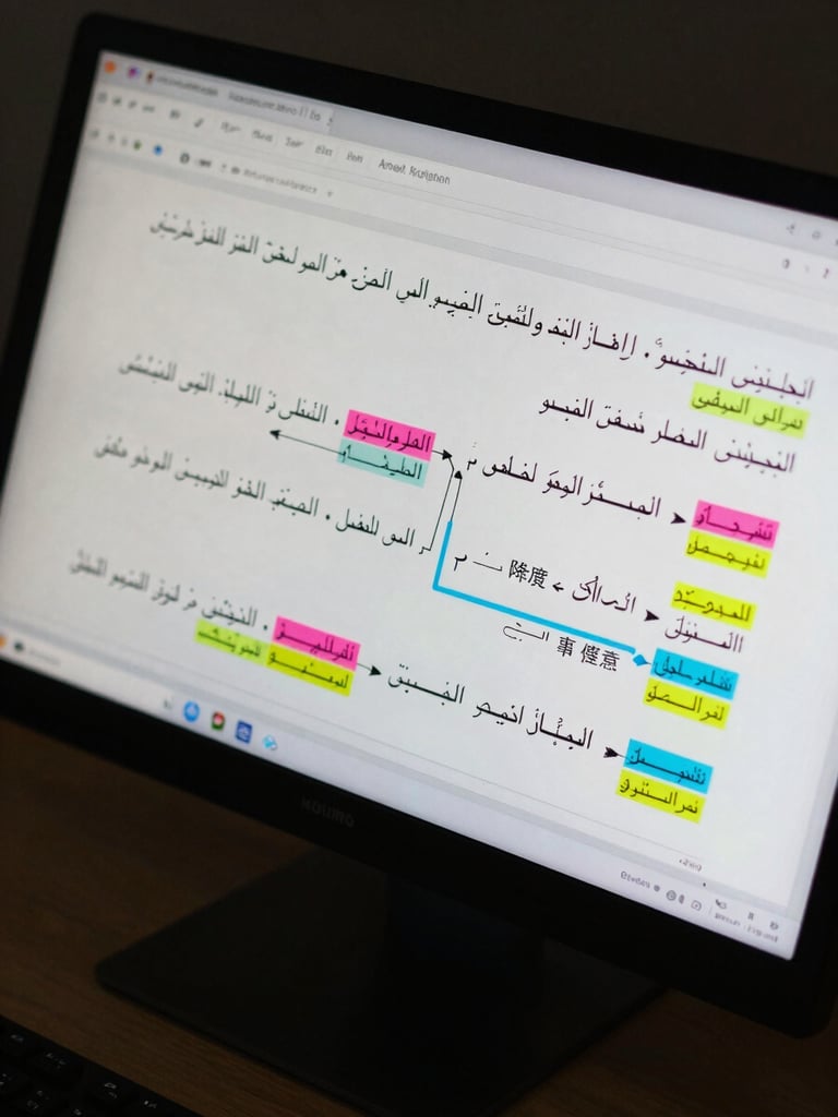 Close-up overhead flat-lay of a monitor screen showing bilingual Arabic-Chinese text with annotation markup, colored highlight tags visible on strings, cool even studio light, dark desk surface, no faces