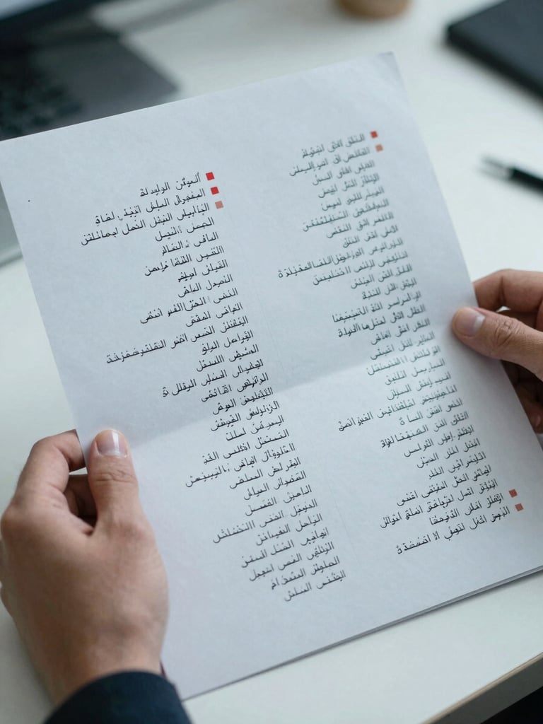 Close-up macro shot of hands holding a printed bilingual annotation sheet with Arabic and Chinese text columns, cool overcast studio light, red and amber review marks visible in margins, sparse white desk surface below