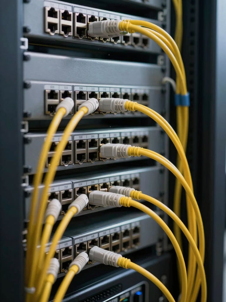 Close-up framing of a dense server rack interior, fiber optic cables and patch panel connections in sharp focus, even studio tungsten light illuminating labeled ports and structured cabling, shallow depth-of-field fading into dark cabinet background