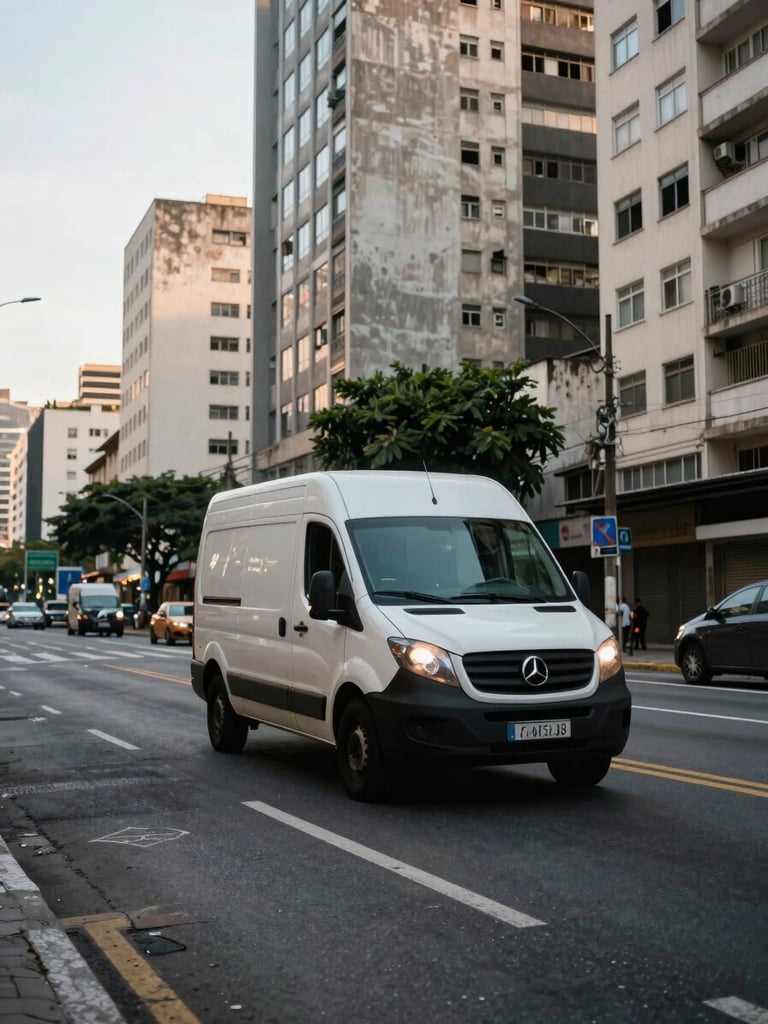 Wide street-level view of a delivery van moving through urban Niterói, late morning natural daylight, low angle showing the vehicle against dense city buildings and road markings, no people posed, no smiling