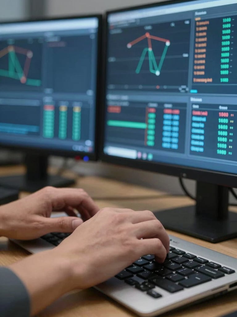 Close-up of hands operating a keyboard in front of multiple monitoring dashboards showing live infrastructure metrics and alert statuses, cool blue screen glow, even indoor office light, tight crop on the hands and screens, nothing posed