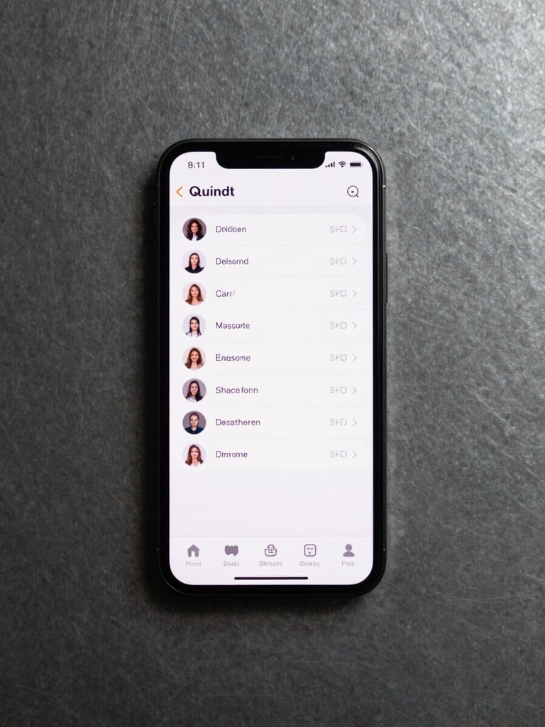 Close-up overhead flat-lay of a smartphone displaying a crisp vCard dashboard interface — profile fields, social links, and action buttons visible on screen — resting on a steel-gray surface under clean studio strobe light, phone centered in frame with generous dark margin around it