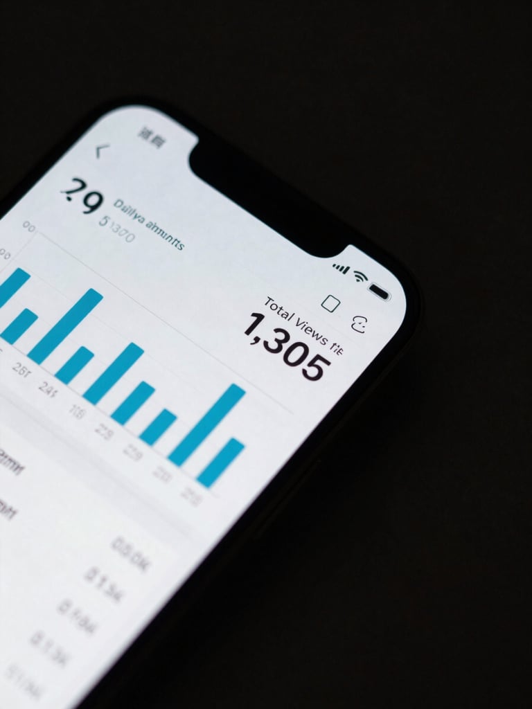 Close-up overhead flat-lay of a smartphone screen displaying a clean analytics dashboard — a vertical bar chart of daily view counts, a bold number showing total views, and a per-card breakdown list, screen lit with cool studio strobe, dark background, high contrast, no text visible
