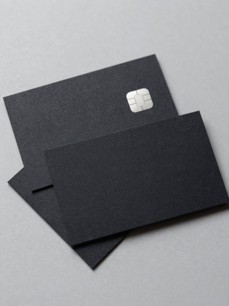 Overhead flat-lay of three premium matte business cards fanned on a clean light gray surface, an NFC chip visible on the back of the top card, studio strobe lighting, high contrast, no text visible, close-up framing with the cards filling three-quarters of the frame