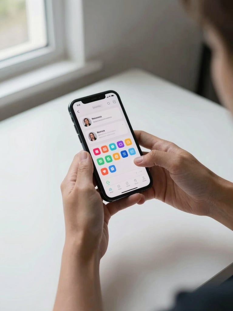 Medium shot from above of two hands holding a smartphone showing a mobile vCard profile screen with a name, designation text, and colorful action icon row visible — clean daylight from a window to the left, white desk surface below, minimal background
