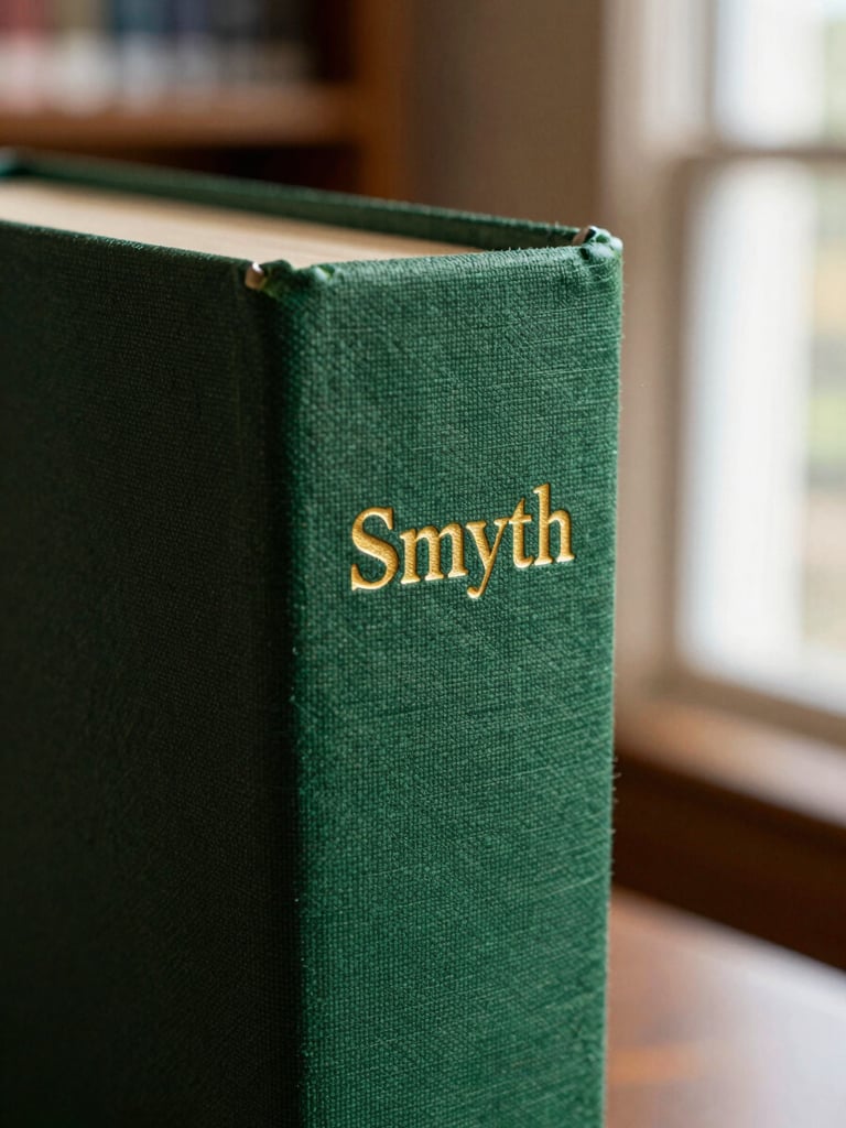 A close-up macro shot of a Smyth-sewn book spine, showing the textured green cloth cover and gold foil-stamped lettering, bathed in warm library window light.