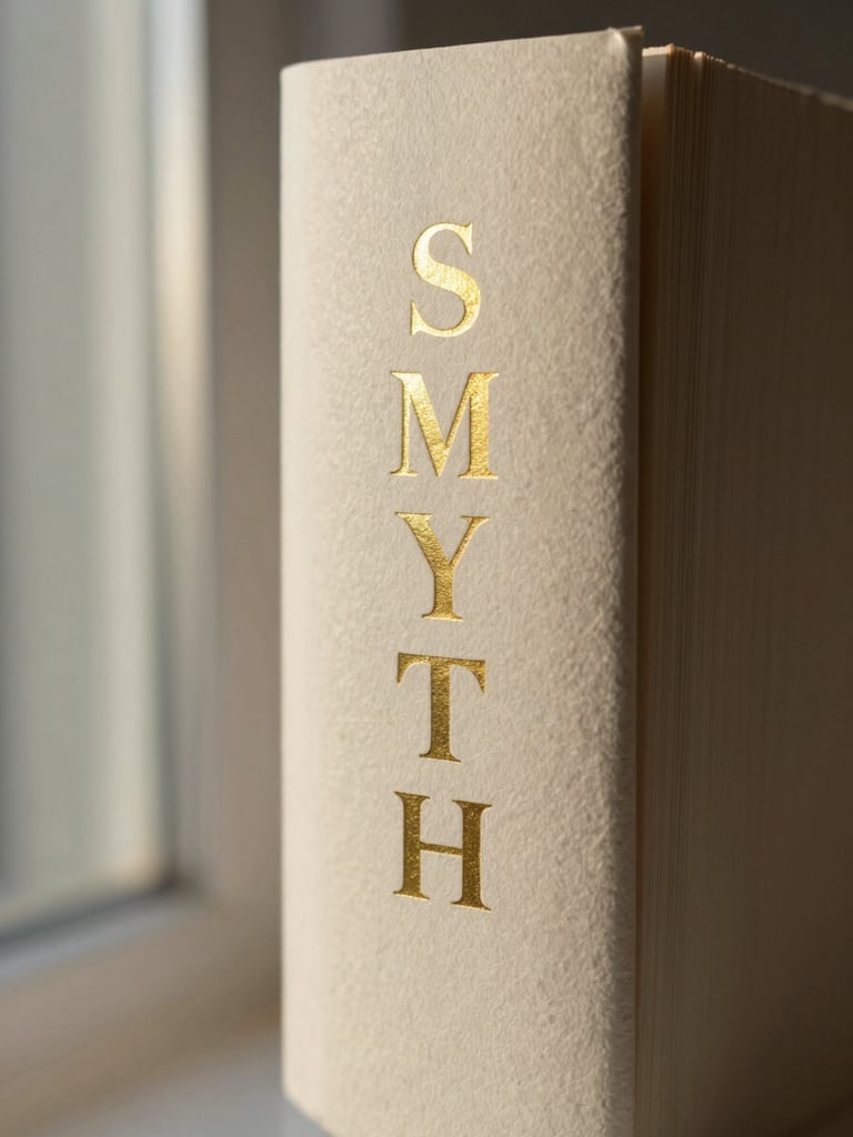 Macro photograph of a Smyth-sewn book spine, gold foil lettering reflecting soft afternoon window light, textured cream paper visible at the edges.